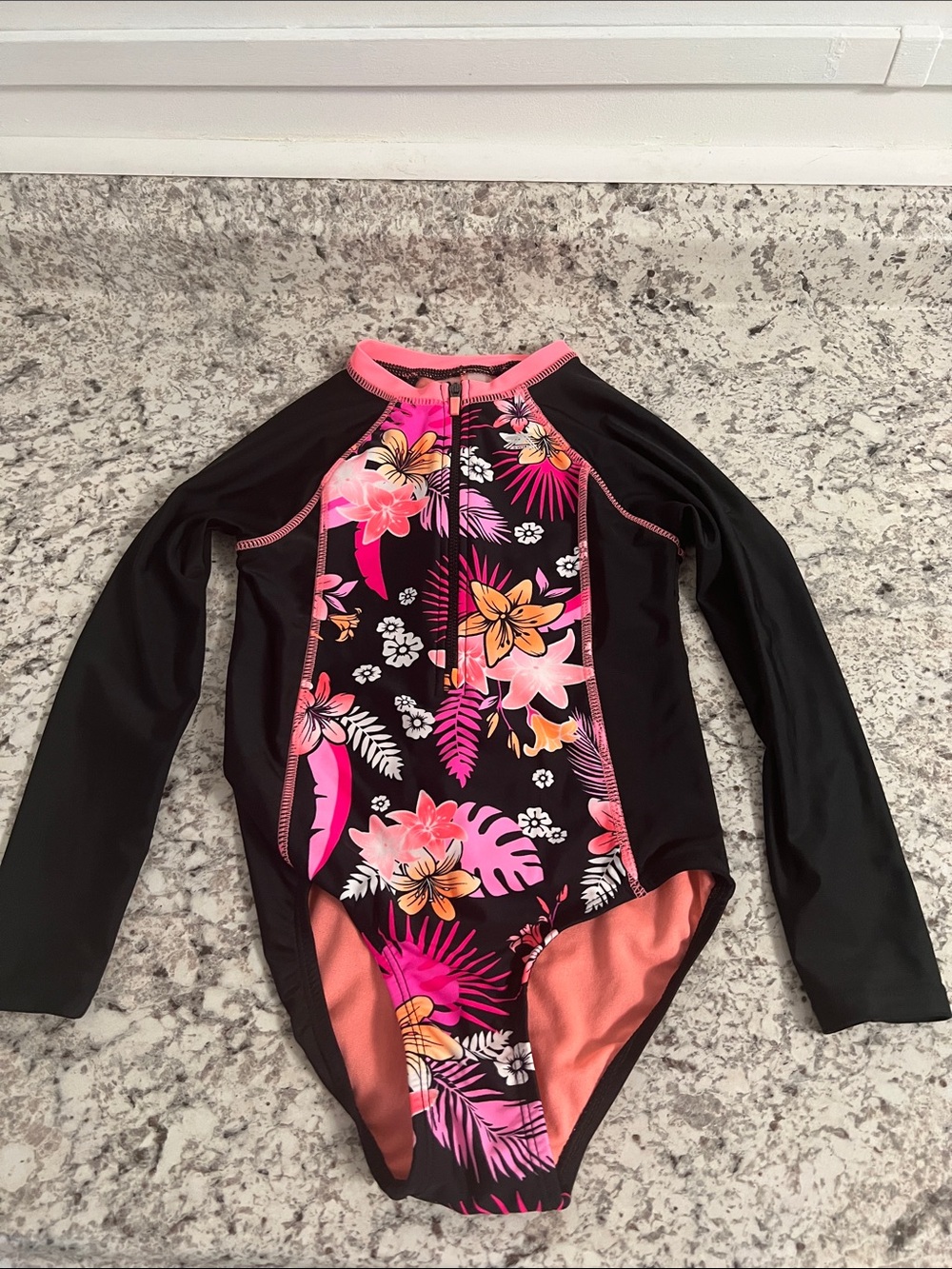 ZeroXposur Black Floral Pink Coral Long-Sleeve One-Piece Swimsuit size 7/8 girls